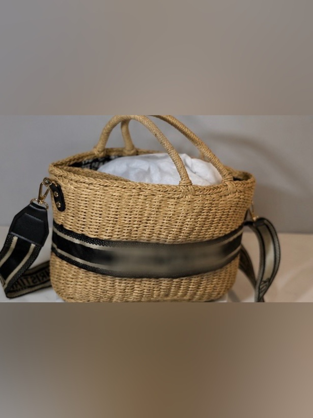 Straw Woven Logo-Style Tote Bag w/ Crossbody Strap - Picture 2 of 4
